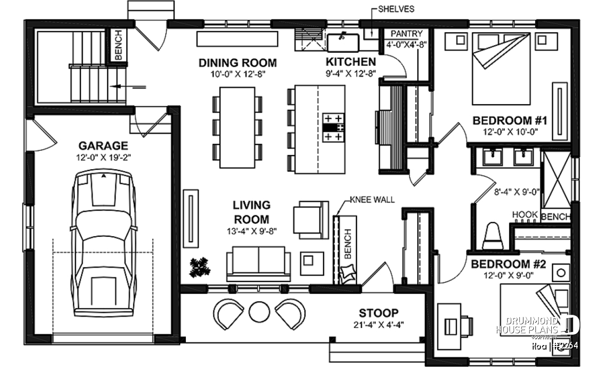 1st level - Charming 2-bedroom farmhouse bungalow home plan with open layout and large covered porch. - Koa