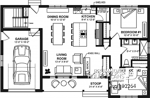 1st level - 2 bedroom ranch style house plan - Koa