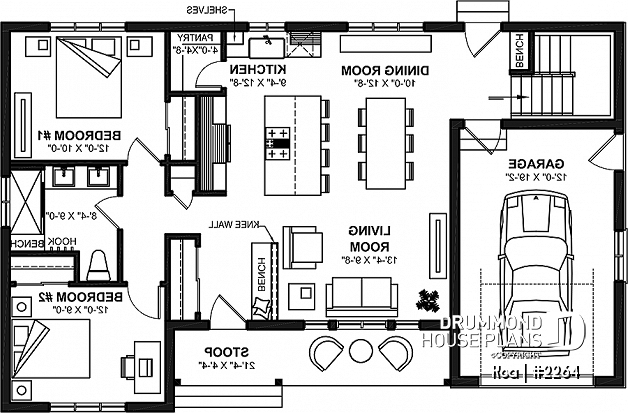 1st level - 2 bedroom ranch style house plan - Koa