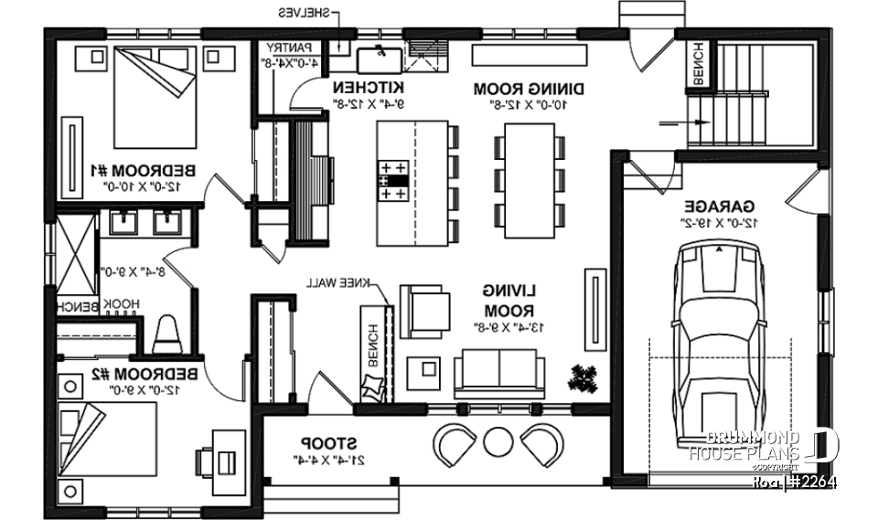 1st level - Charming 2-bedroom farmhouse bungalow home plan with open layout and large covered porch. - Koa
