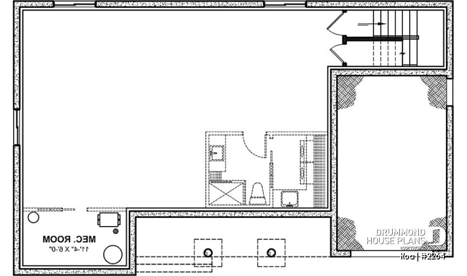 Basement - Charming 2-bedroom farmhouse bungalow home plan with open layout and large covered porch. - Koa