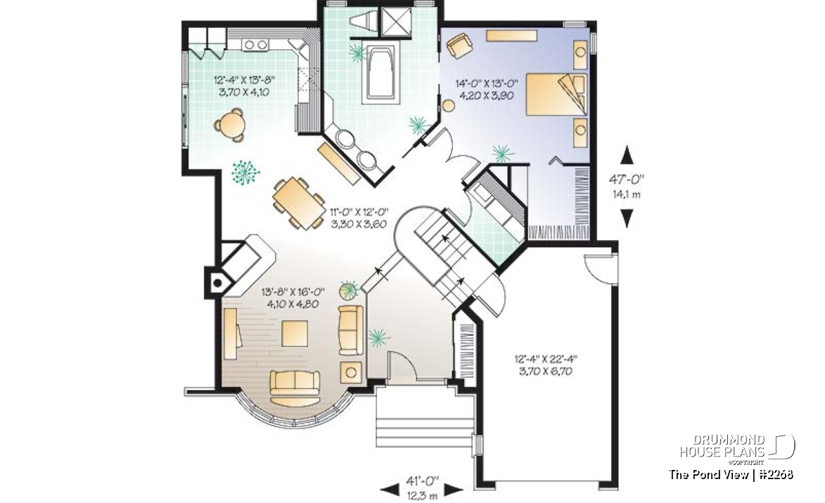 1st level option 1 - One or two bedroom option for this classical one-storey house plan with garage - The Pond View