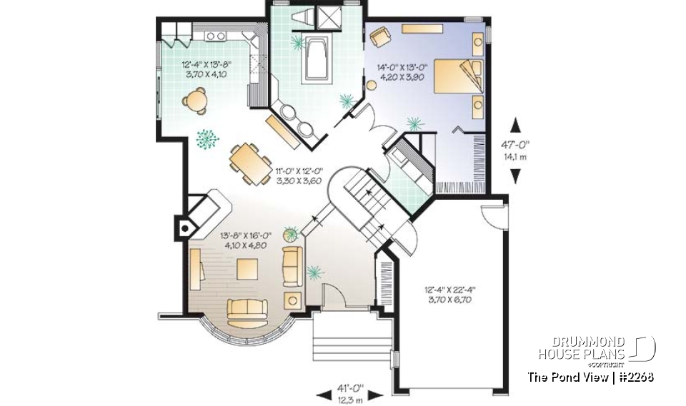 1st level option 1 - One or two bedroom option for this classical one-storey house plan with garage - The Pond View