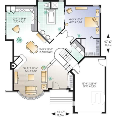 1st level option 1 - One or two bedroom option for this classical one-storey house plan with garage - The Pond View