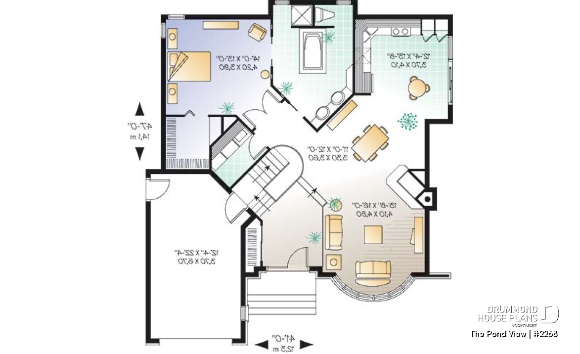 1st level option 1 - One or two bedroom option for this classical one-storey house plan with garage - The Pond View