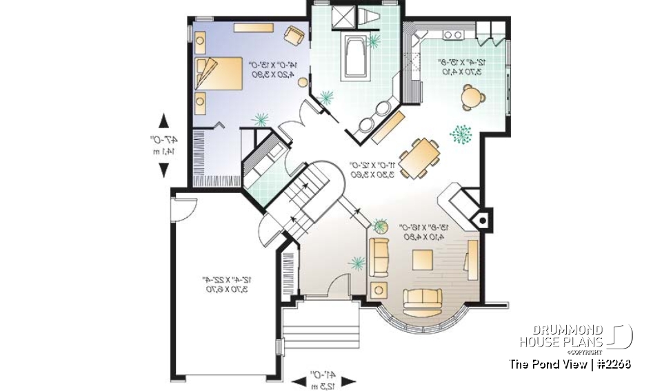 1st level option 1 - One or two bedroom option for this classical one-storey house plan with garage - The Pond View