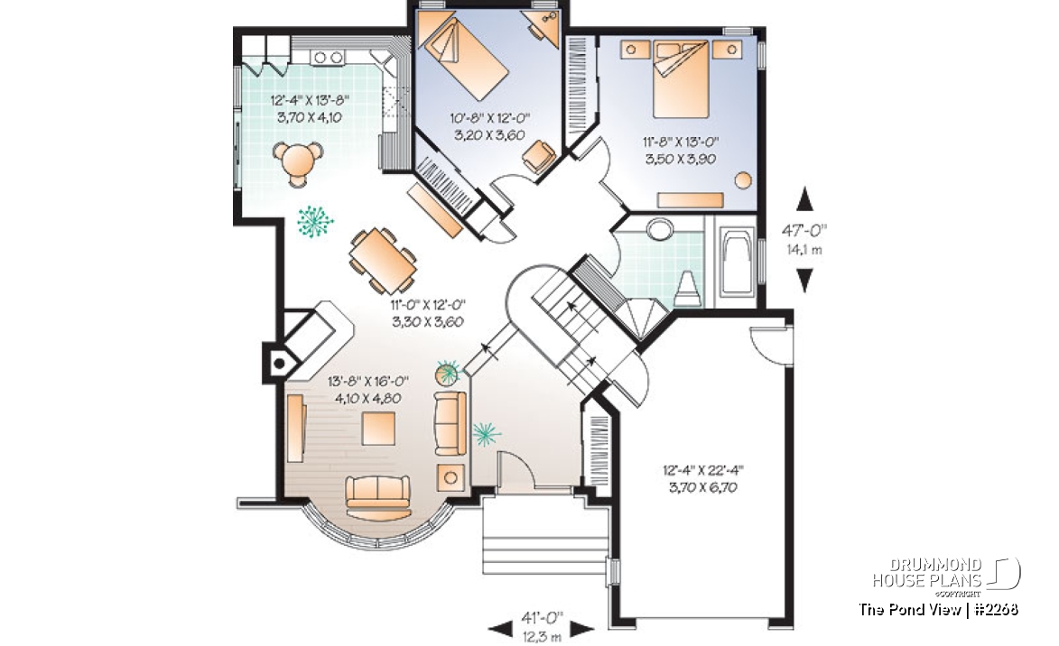 1st level option 2 - One or two bedroom option for this classical one-storey house plan with garage - The Pond View