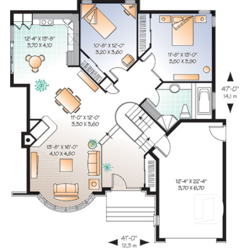 1st level option 2 - One or two bedroom option for this classical one-storey house plan with garage - The Pond View