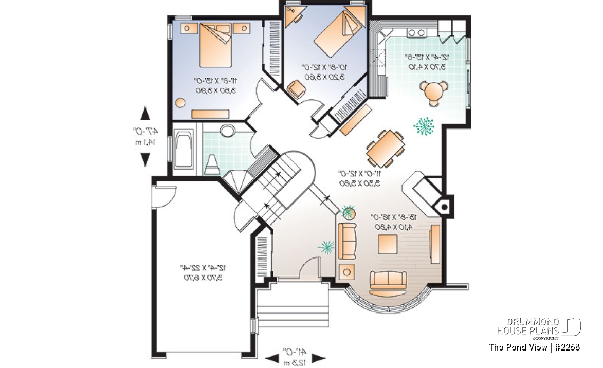 1st level option 2 - One or two bedroom option for this classical one-storey house plan with garage - The Pond View
