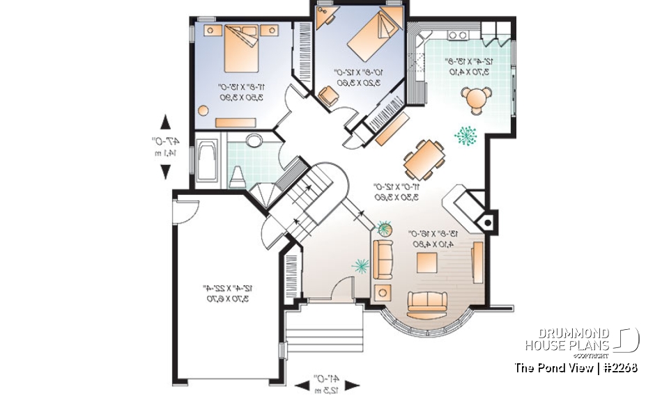 1st level option 2 - One or two bedroom option for this classical one-storey house plan with garage - The Pond View