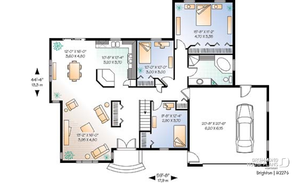 1st level - Mediterranean style 3 bedroom house plan, one-storey, 2-car garage - Brighton
