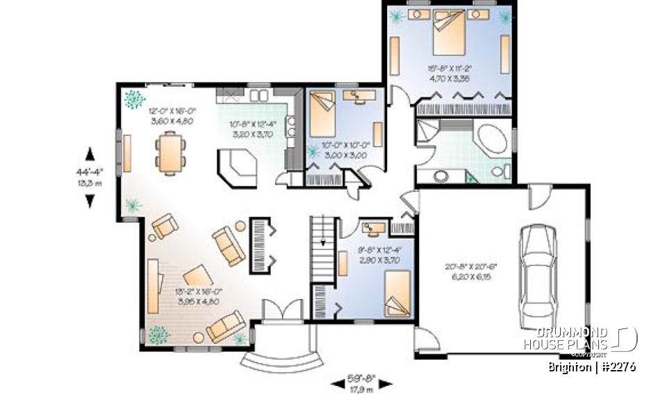 1st level - Mediterranean style 3 bedroom house plan, one-storey, 2-car garage - Brighton