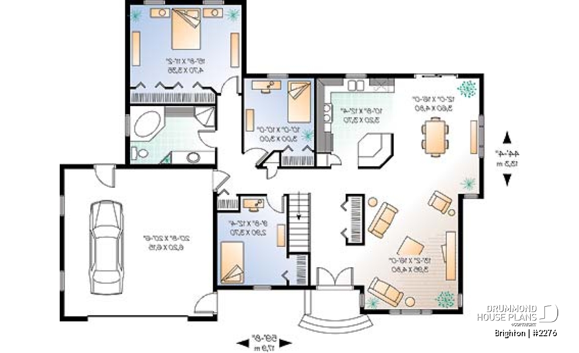 1st level - Mediterranean style 3 bedroom house plan, one-storey, 2-car garage - Brighton