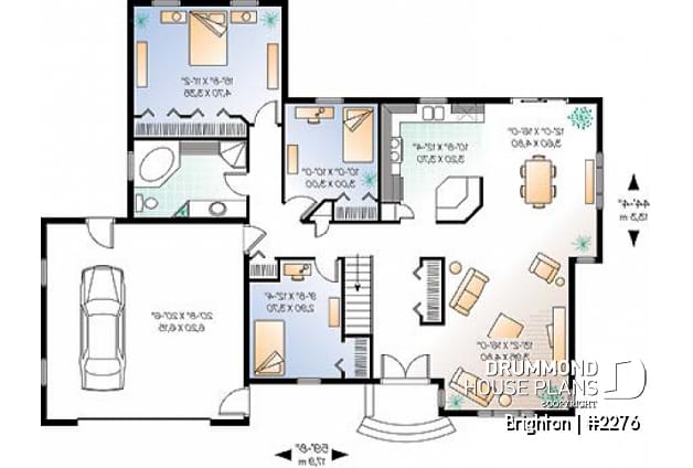 1st level - Mediterranean style 3 bedroom house plan, one-storey, 2-car garage - Brighton