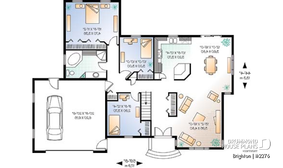 1st level - Mediterranean style 3 bedroom house plan, one-storey, 2-car garage - Brighton