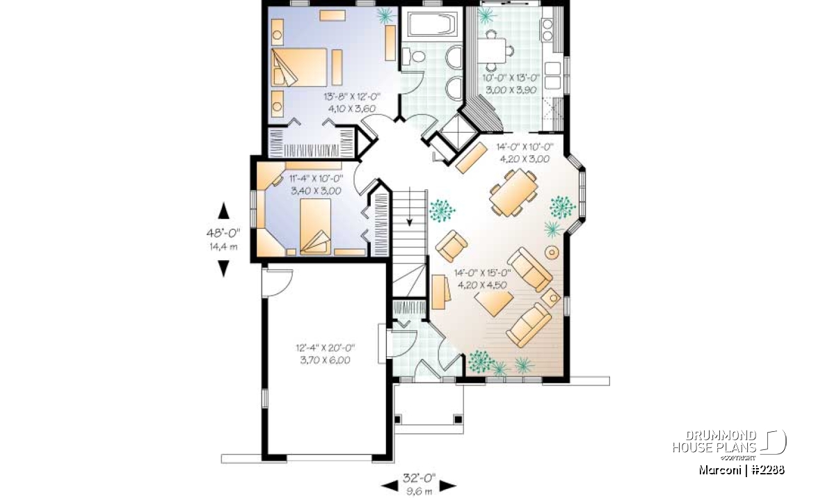 1st level - European 2 bedroom house plan with garage - Marconi