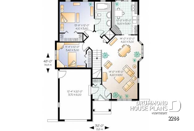 1st level - European 2 bedroom house plan with garage - Marconi
