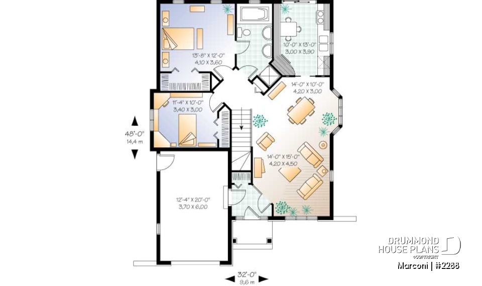 1st level - European 2 bedroom house plan with garage - Marconi