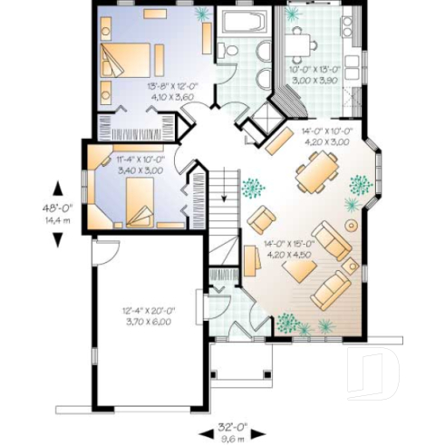 1st level - European 2 bedroom house plan with garage - Marconi