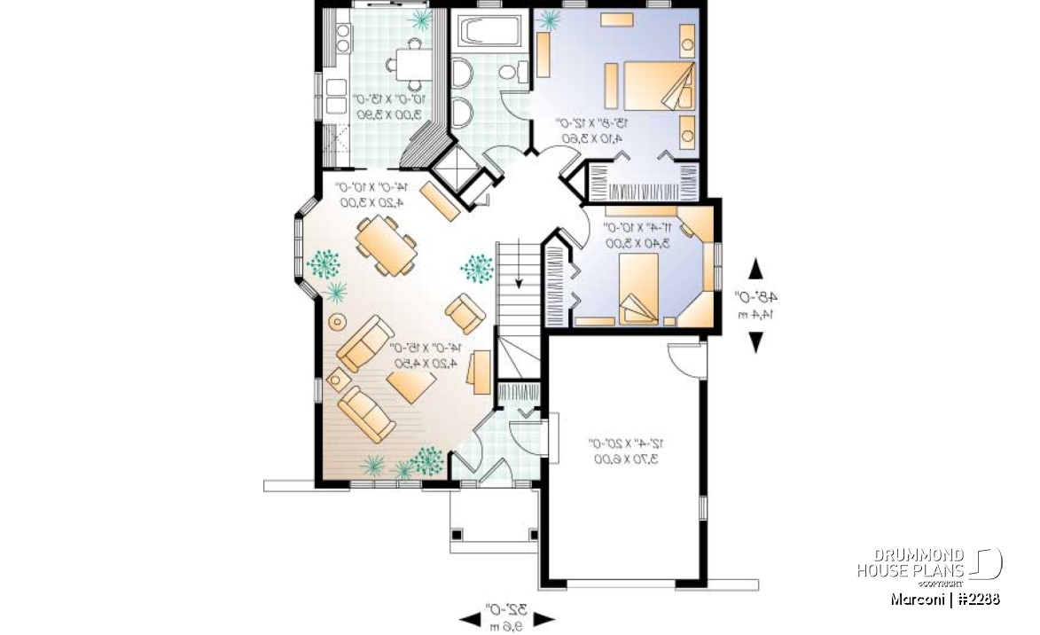 1st level - European 2 bedroom house plan with garage - Marconi