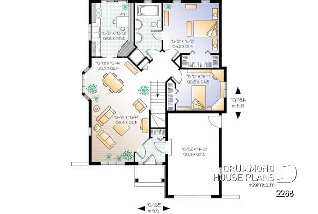 1st level - European 2 bedroom house plan with garage - Marconi