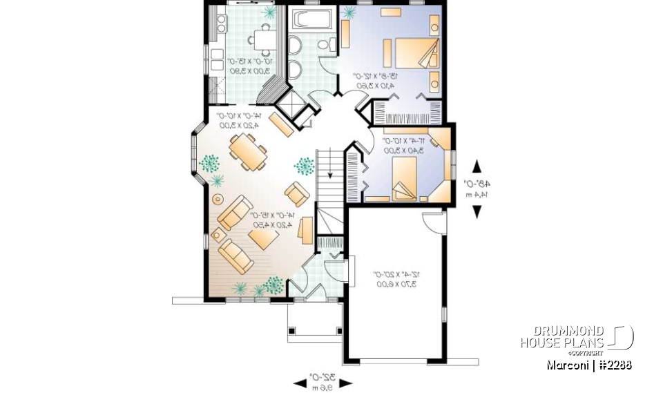 1st level - European 2 bedroom house plan with garage - Marconi
