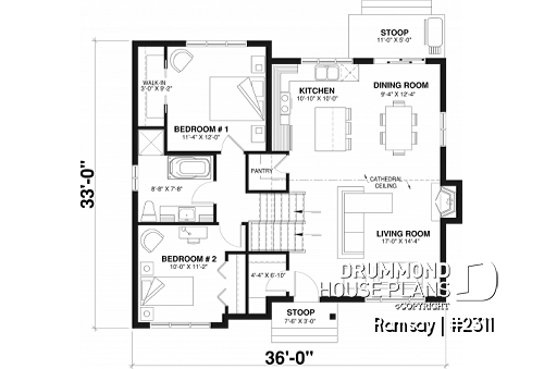 1st level - 2 to 4 bedroom modern farmhouse with open space, cathedral ceiling, pantry, mud room and split level - Ramsay