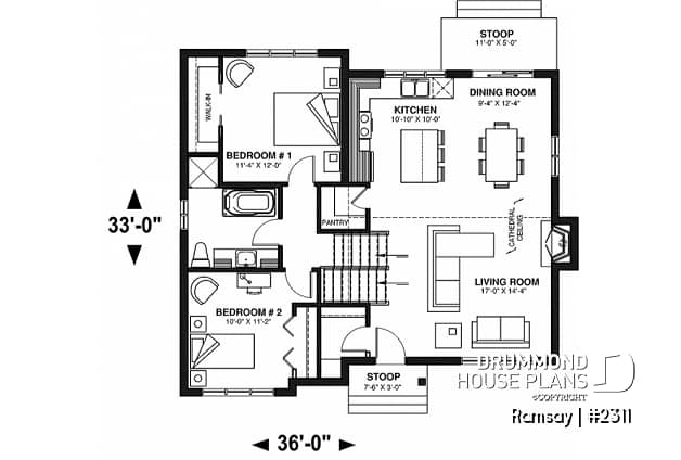 1st level - 3 to 4 bedroom modern farmhouse with open space, cathedral ceiling, pantry, mud room and split level - Ramsay