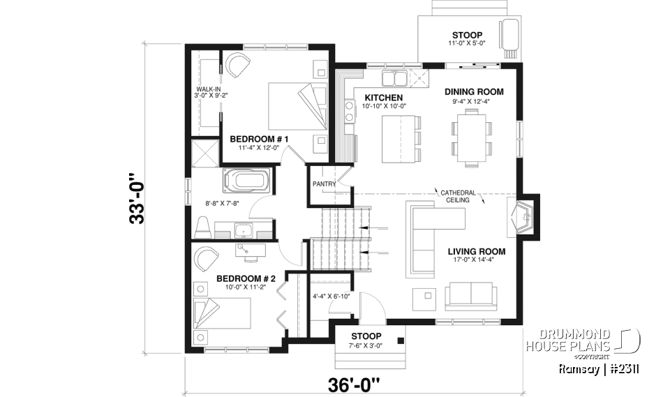 1st level - 2 to 4 bedroom modern farmhouse with open space, cathedral ceiling, pantry, mud room and split level - Ramsay