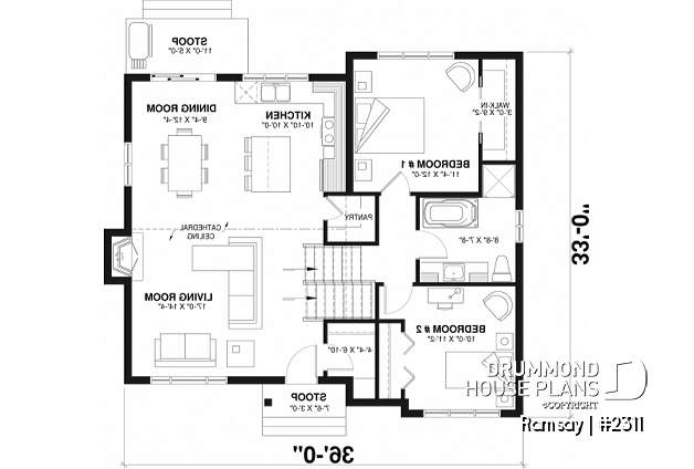 1st level - 2 to 4 bedroom modern farmhouse with open space, cathedral ceiling, pantry, mud room and split level - Ramsay