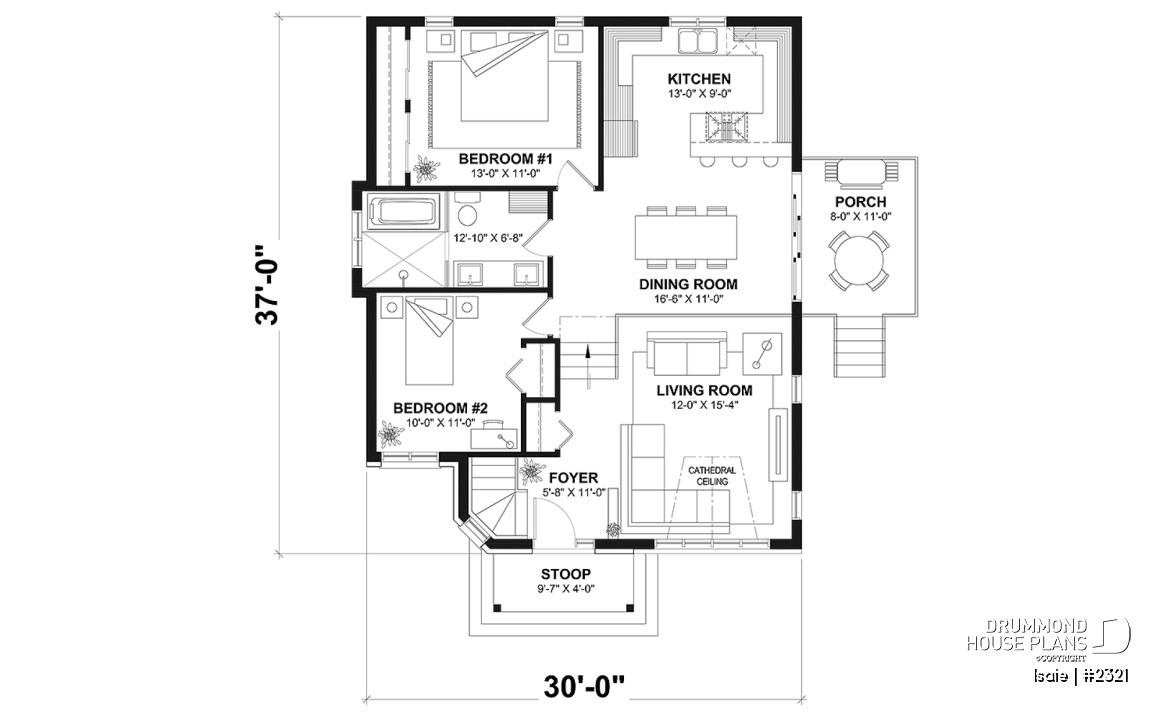 1st level - 2 bedroom Modern house plan with lots of natural light, large sunken living room, low building costs - Isaie