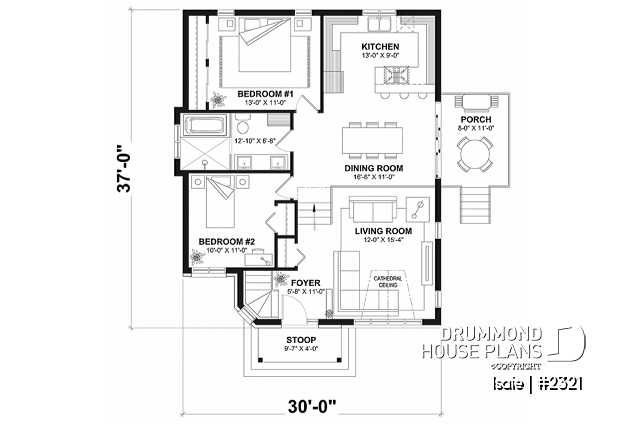 1st level - 2 bedroom Modern house plan with lots of natural light, large sunken living room, low building costs - Isaie