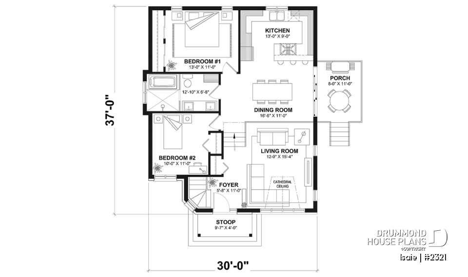 1st level - 2 bedroom Modern house plan with lots of natural light, large sunken living room, low building costs - Isaie