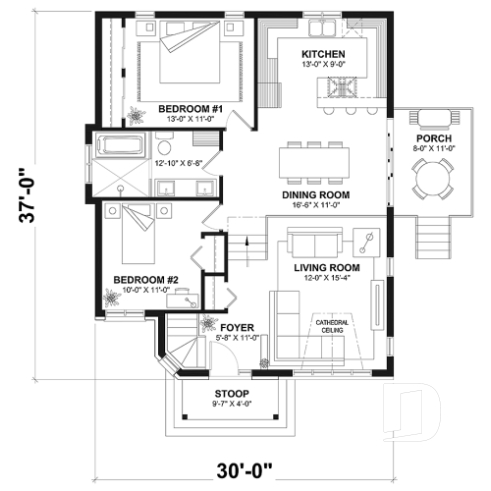 1st level - 2 bedroom Modern house plan with lots of natural light, large sunken living room, low building costs - Isaie