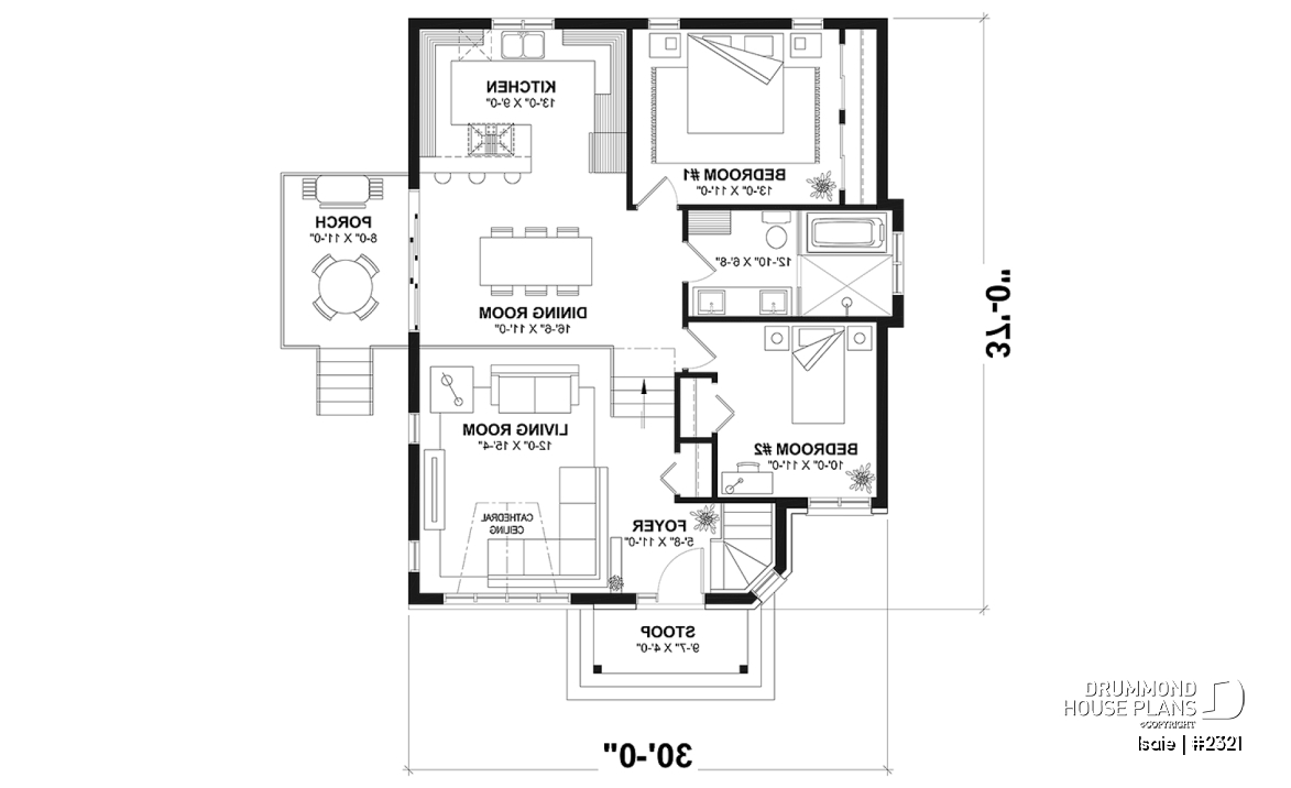 1st level - 2 bedroom Modern house plan with lots of natural light, large sunken living room, low building costs - Isaie