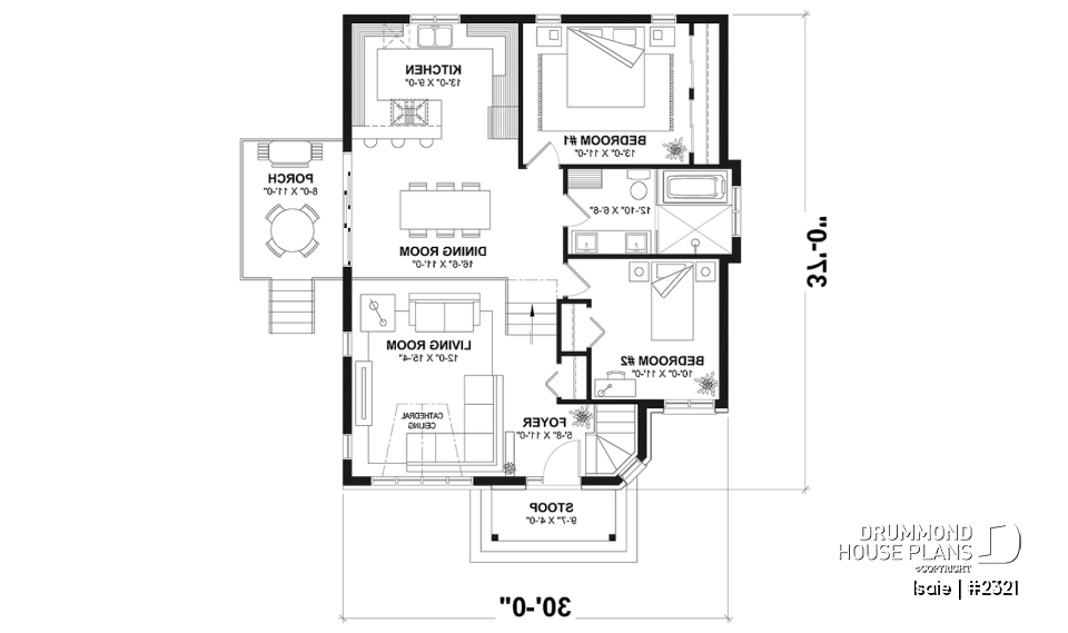 1st level - 2 bedroom Modern house plan with lots of natural light, large sunken living room, low building costs - Isaie