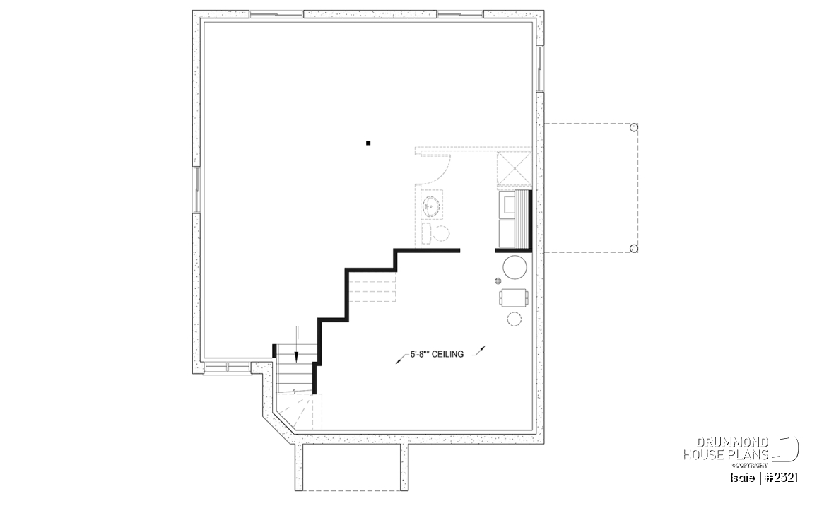 Unfinished basement - 2 bedroom Modern house plan with lots of natural light, large sunken living room, low building costs - Isaie