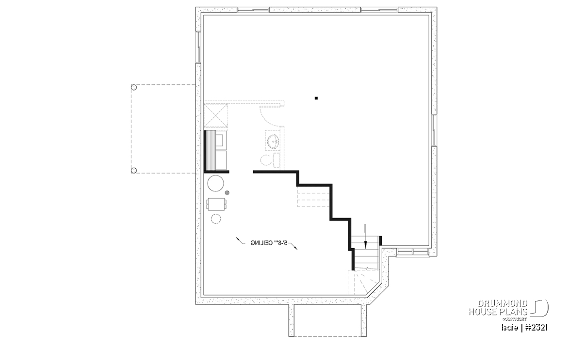 Unfinished basement - 2 bedroom Modern house plan with lots of natural light, large sunken living room, low building costs - Isaie