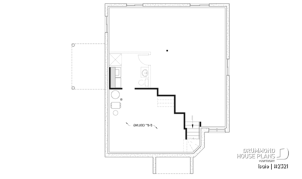 Unfinished basement - 2 bedroom Modern house plan with lots of natural light, large sunken living room, low building costs - Isaie