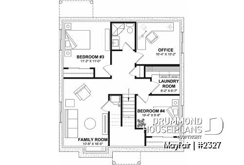 Finished basement - French country inspired split level home plan, 2 to 5 bedrooms, 2 baths, kitchen w/island, finished basement - Mayfair