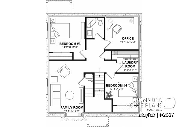 Finished basement - French country inspired split level home plan, 2 to 5 bedrooms, 2 baths, kitchen w/island, finished basement - Mayfair