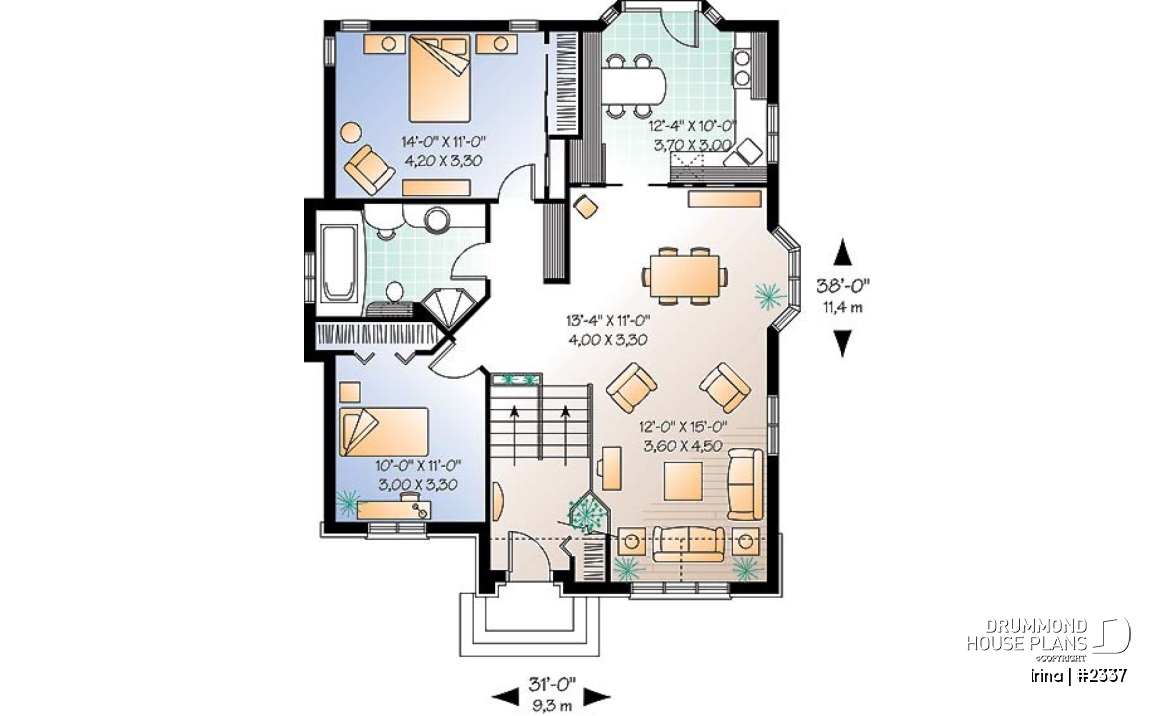 1st level - Affordable 2 bedroom house plan - Irina