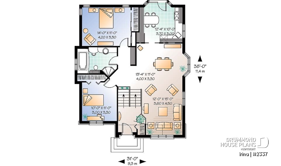 1st level - Affordable 2 bedroom house plan - Irina