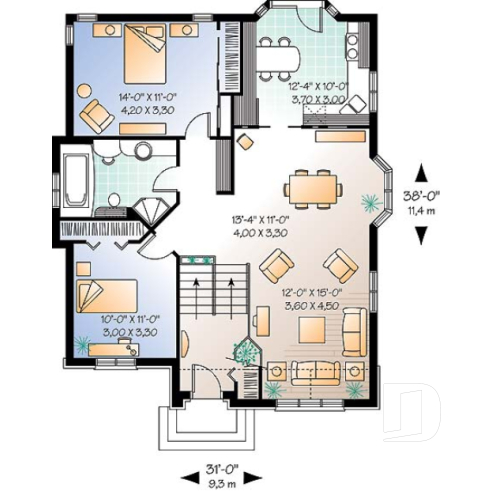 1st level - Affordable 2 bedroom house plan - Irina