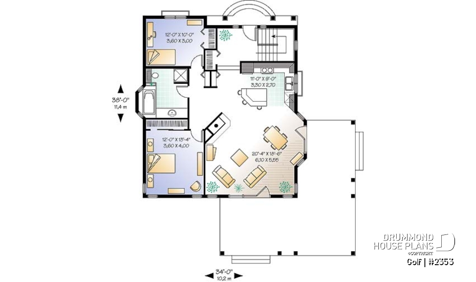 1st level - Small waterfront cottage plan with lots of natural light, 2 bedrooms, fireplace, open concept - Golf