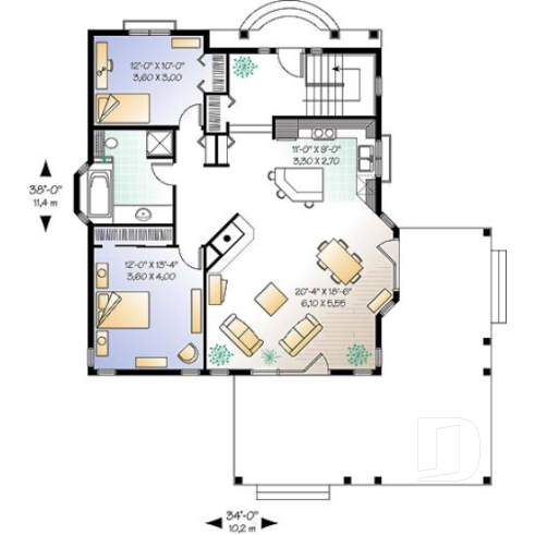 1st level - Small waterfront cottage plan with lots of natural light, 2 bedrooms, fireplace, open concept - Golf