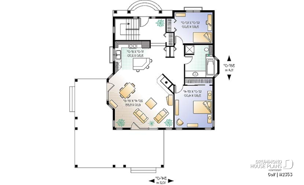 1st level - Small waterfront cottage plan with lots of natural light, 2 bedrooms, fireplace, open concept - Golf