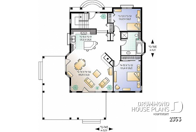 1st level - Small waterfront cottage plan with lots of natural light, 2 bedrooms, fireplace, open concept - Golf