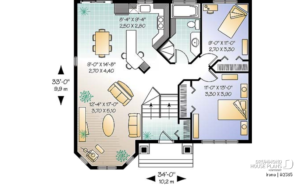 1st level - Small split-entry house plan with bright living room, kitchen with island, 2 bedrooms - Irene