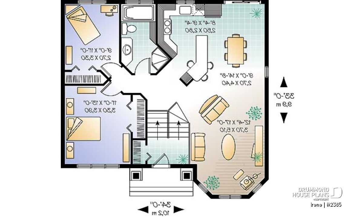 1st level - Small split-entry house plan with bright living room, kitchen with island, 2 bedrooms - Irene